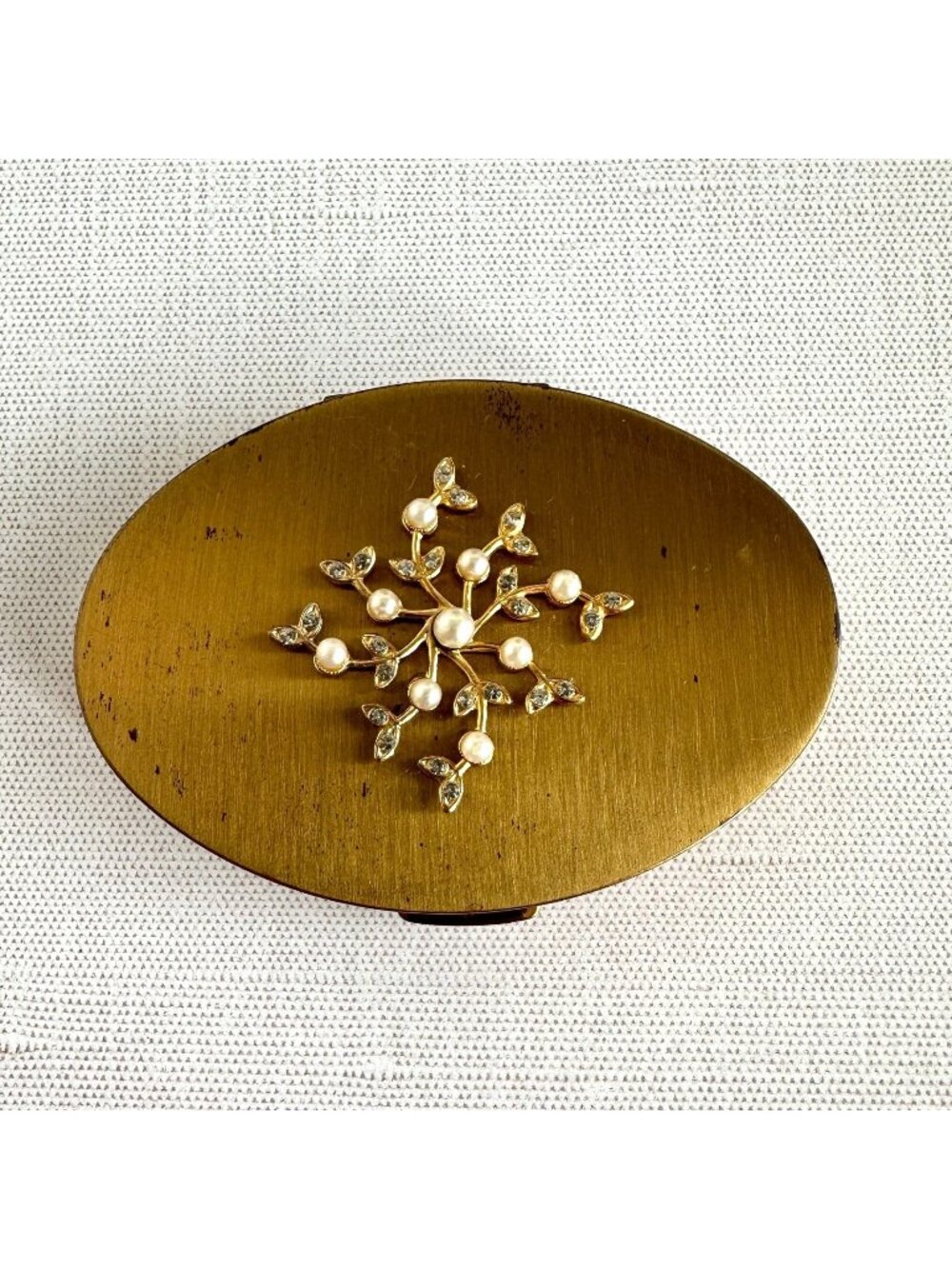 Vintage Gold Tone Oval Powder Compact Faux Pearl Rhinestone Branch 1950s
